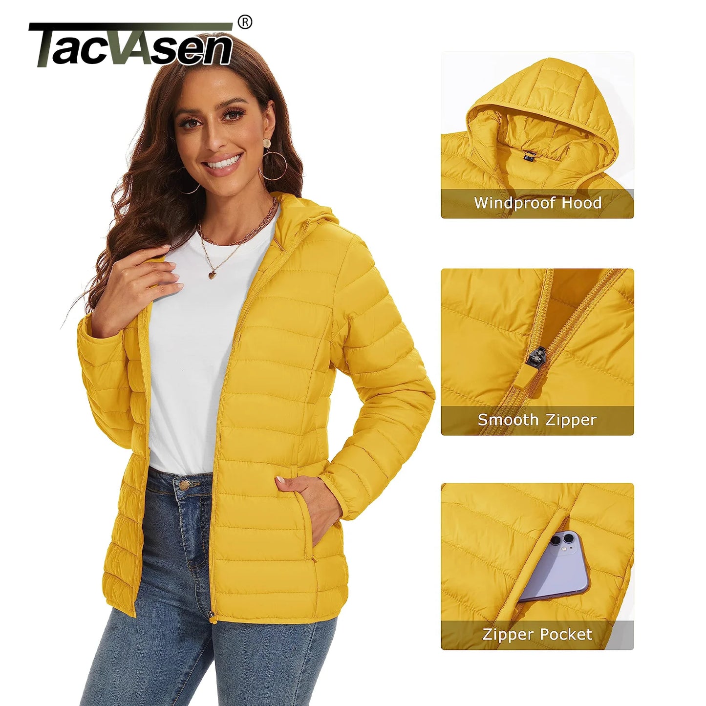 TACVASEN Warm Puffer Jackets Hooded Womens Full Zip Multi-pockets Quilted Jacket Winter Waterproof Camping Down Coat Lightweight