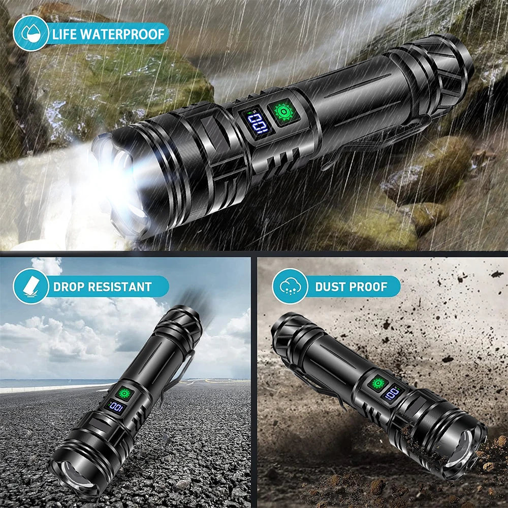 Most Powerful LED Flashlight Rechargeable Zoomable Camping Torch High Power Long Range Tactical Lantern Outdoor Emergency Lamp