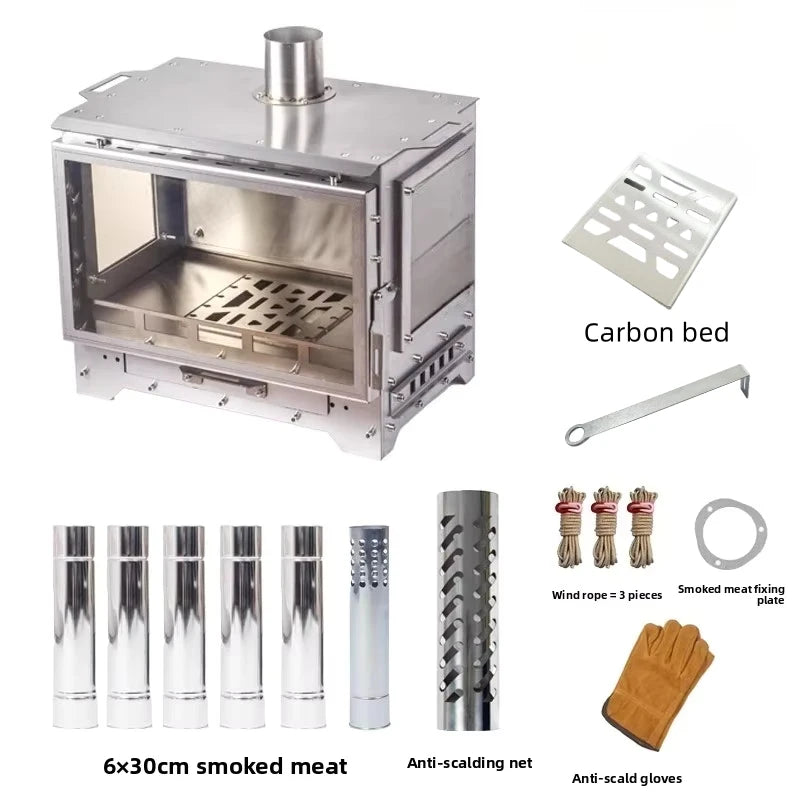 Outdoor Wood Stove Tent Heater Stainless Steel 3 Glass Fire Observation Fireplace Brazier Portable with Chimney Camping Furance