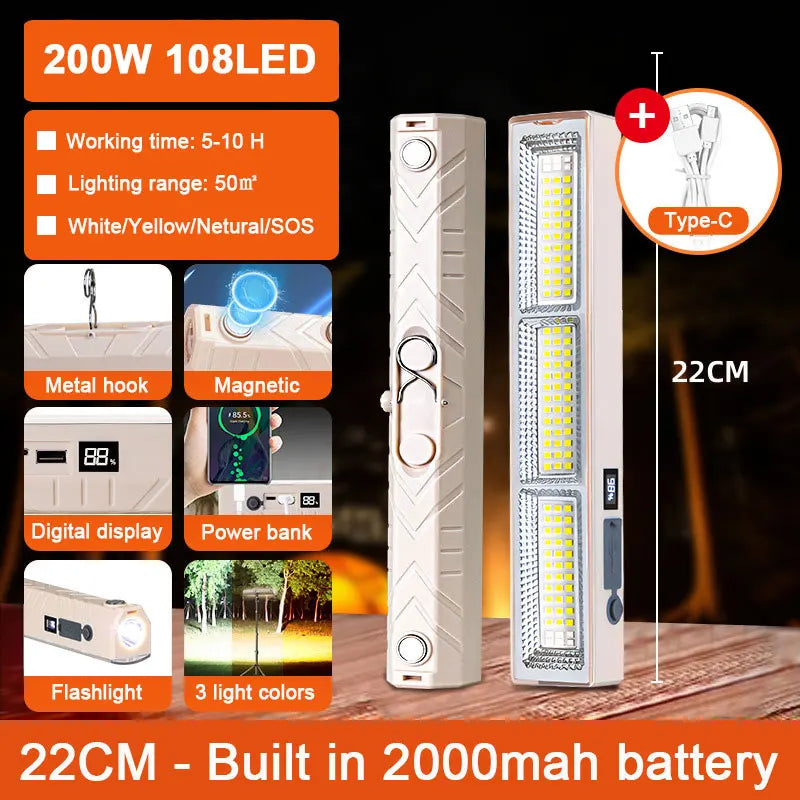 108/156/210 LED Magnetic Work Light with Hook USB Rechargeable Portable Underhood Work Lamp Bar For Car Repair Outdoor Lighting