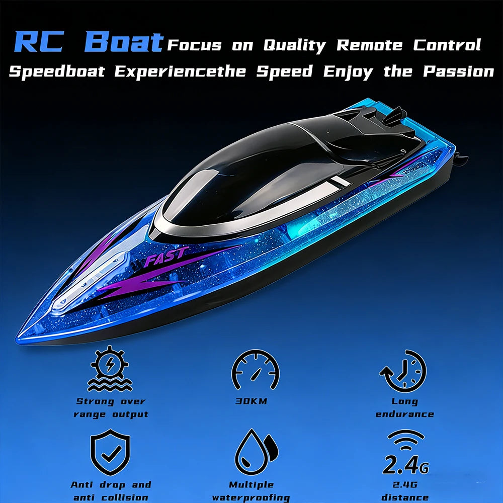 2.4G High-Speed Remote Control Boat Waterproof Colorful Lights 30Km/h Large Speedboat Outdoor Water Game Children Boat Toys Gift