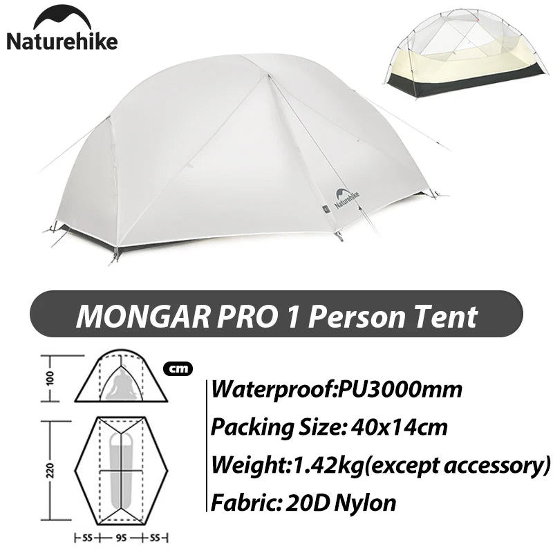 Naturehike Mongar Pro 123 Ultralight Three Season Outdoor Waterproof 20D Nylon Hiking Tent 2 Person Rucksack Camping Riding Tent