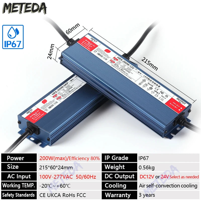 IP67 waterproof power supply DC 12V 24V LED outdoor lighting transformer LED driver 60W 100W 200W 300W 400W 500W 600W