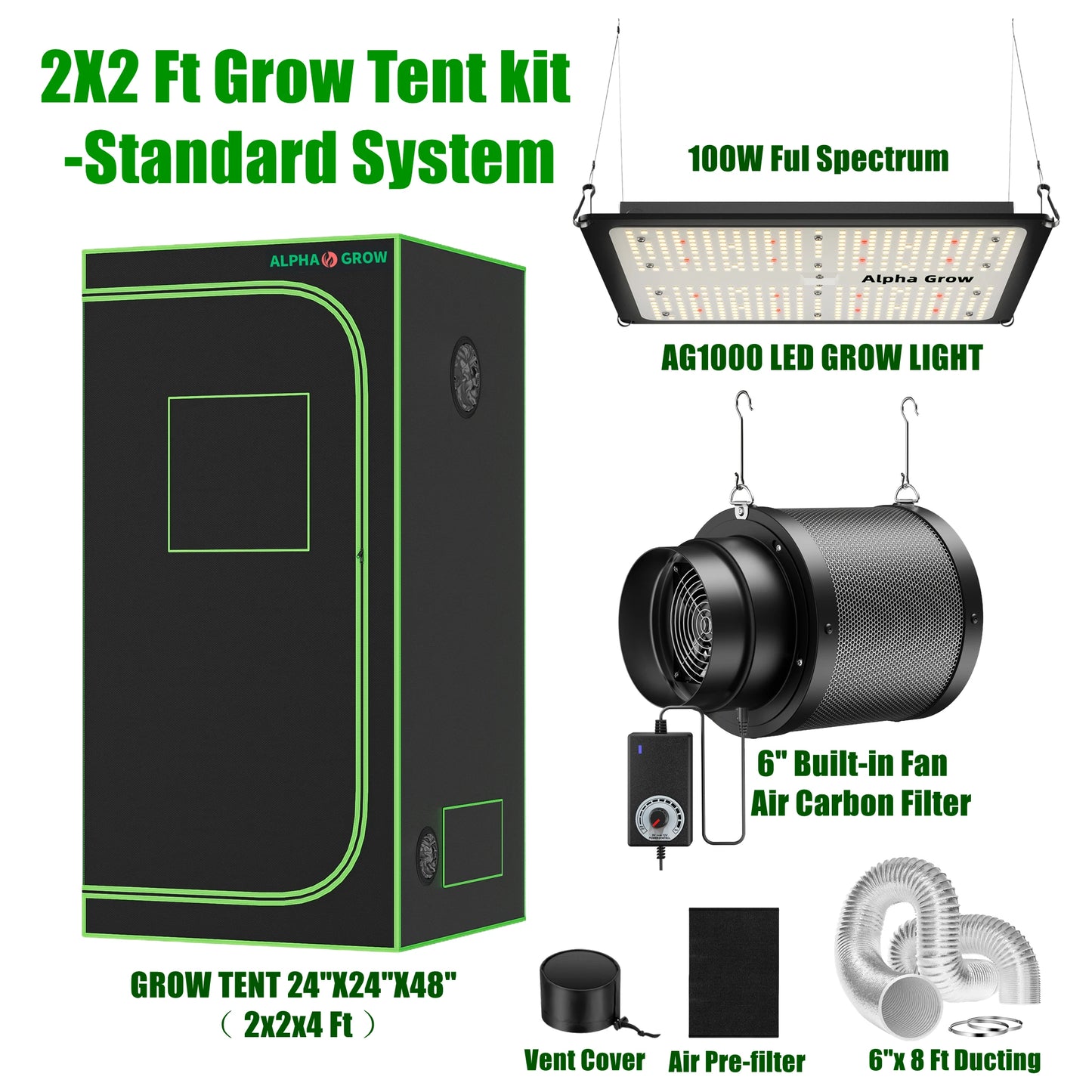 ALPHAGROW Elite 2x2 Grow Suite: AG1000 LED, 6" 2-in-1 Ventilation, Grow Tent Package | 100W Dimmable Full Spectrum, Australian C