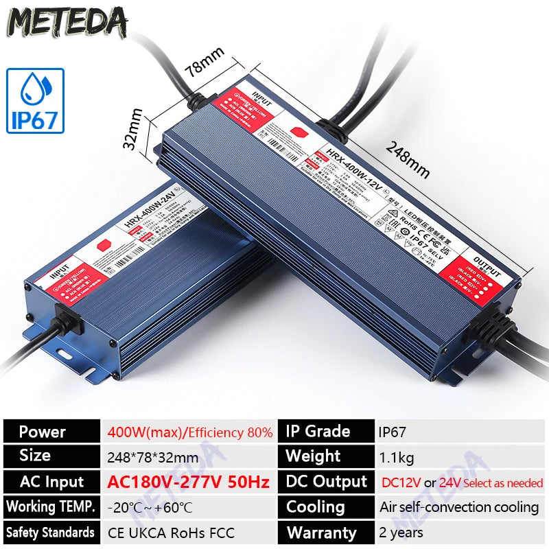 IP67 waterproof power supply DC 12V 24V LED outdoor lighting transformer LED driver 60W 100W 200W 300W 400W 500W 600W