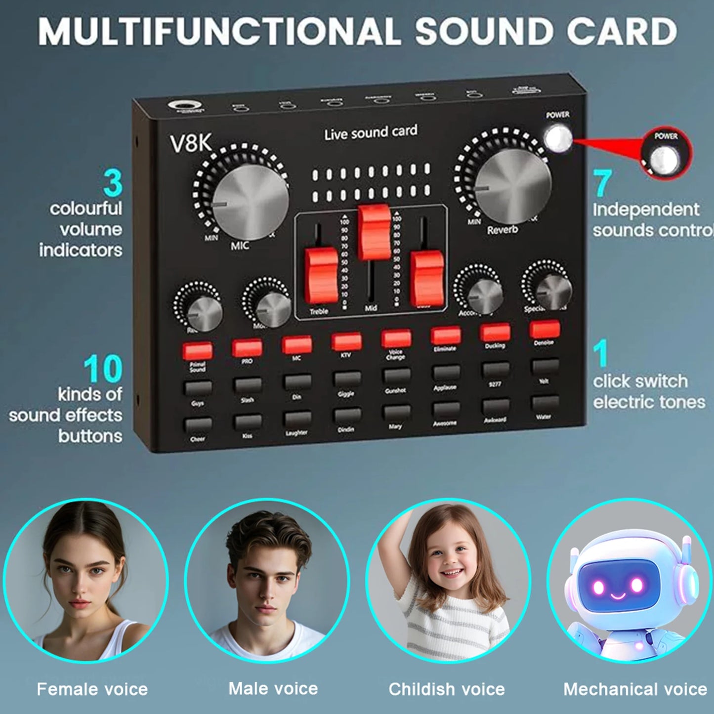 All-in-One Podcast Equipment Bundle Audio Mixer V8K Live Sound Card with BM800 Microphone for Podcasting Gaming Music Recording