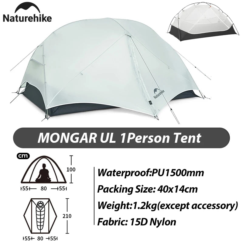 Naturehike Mongar Pro 123 Ultralight Three Season Outdoor Waterproof 20D Nylon Hiking Tent 2 Person Rucksack Camping Riding Tent