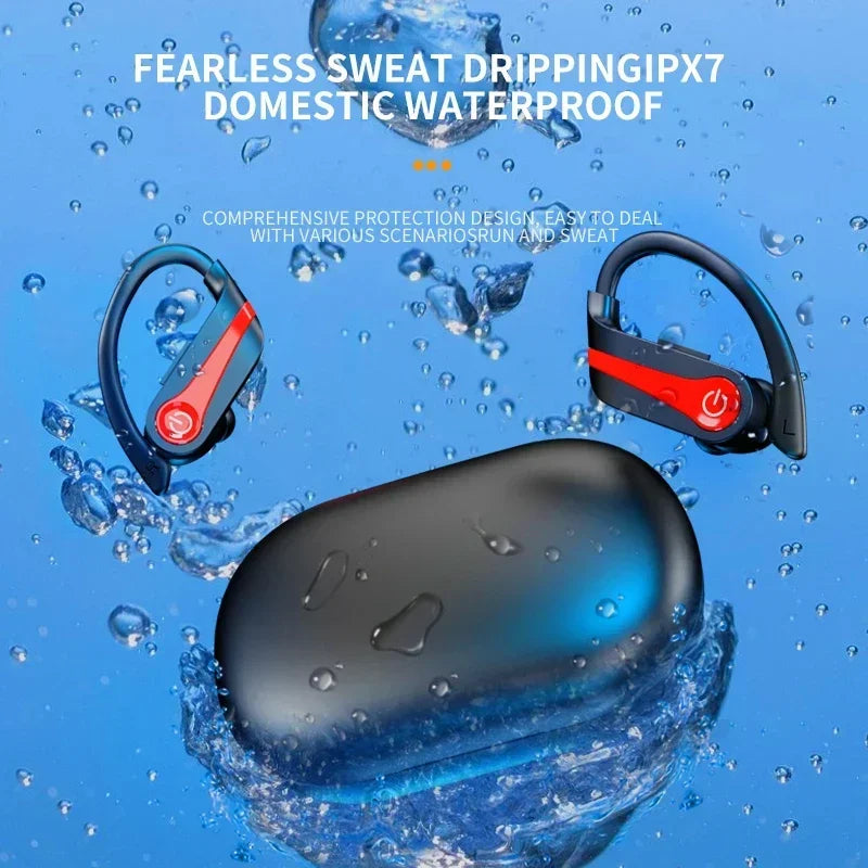 YYK Q63 Bluetooth 5.3 Wireless Earbuds with Mic IPX7 Waterproof 200H Earphones with Hooks for Sports Running Workout Gym