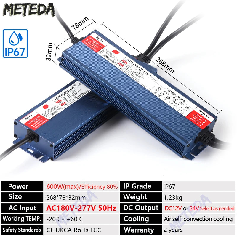 IP67 waterproof power supply DC 12V 24V LED outdoor lighting transformer LED driver 60W 100W 200W 300W 400W 500W 600W