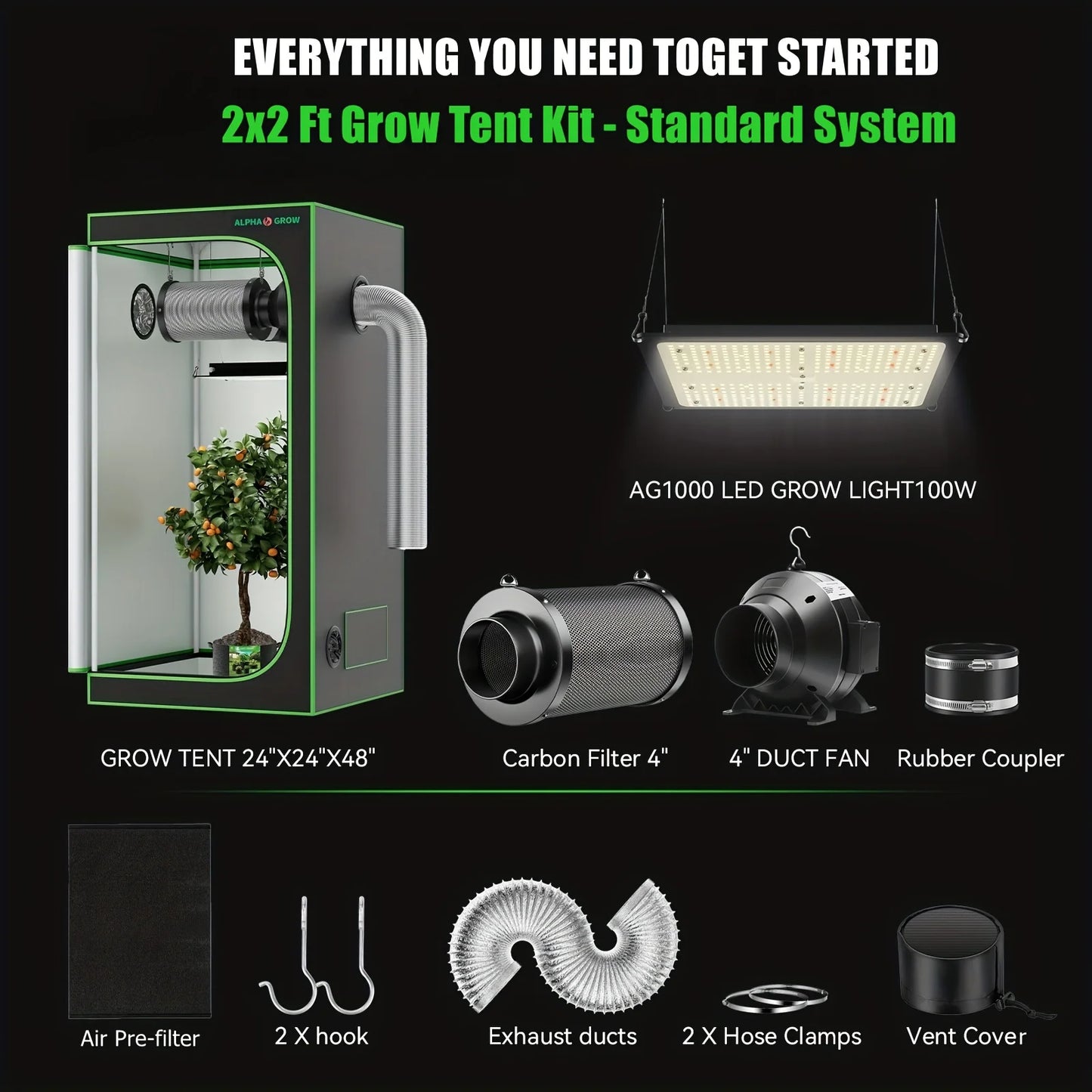 ALPHAGROW Elite 2x2 Grow Suite: AG1000 LED, 6" 2-in-1 Ventilation, Grow Tent Package | 100W Dimmable Full Spectrum, Australian C