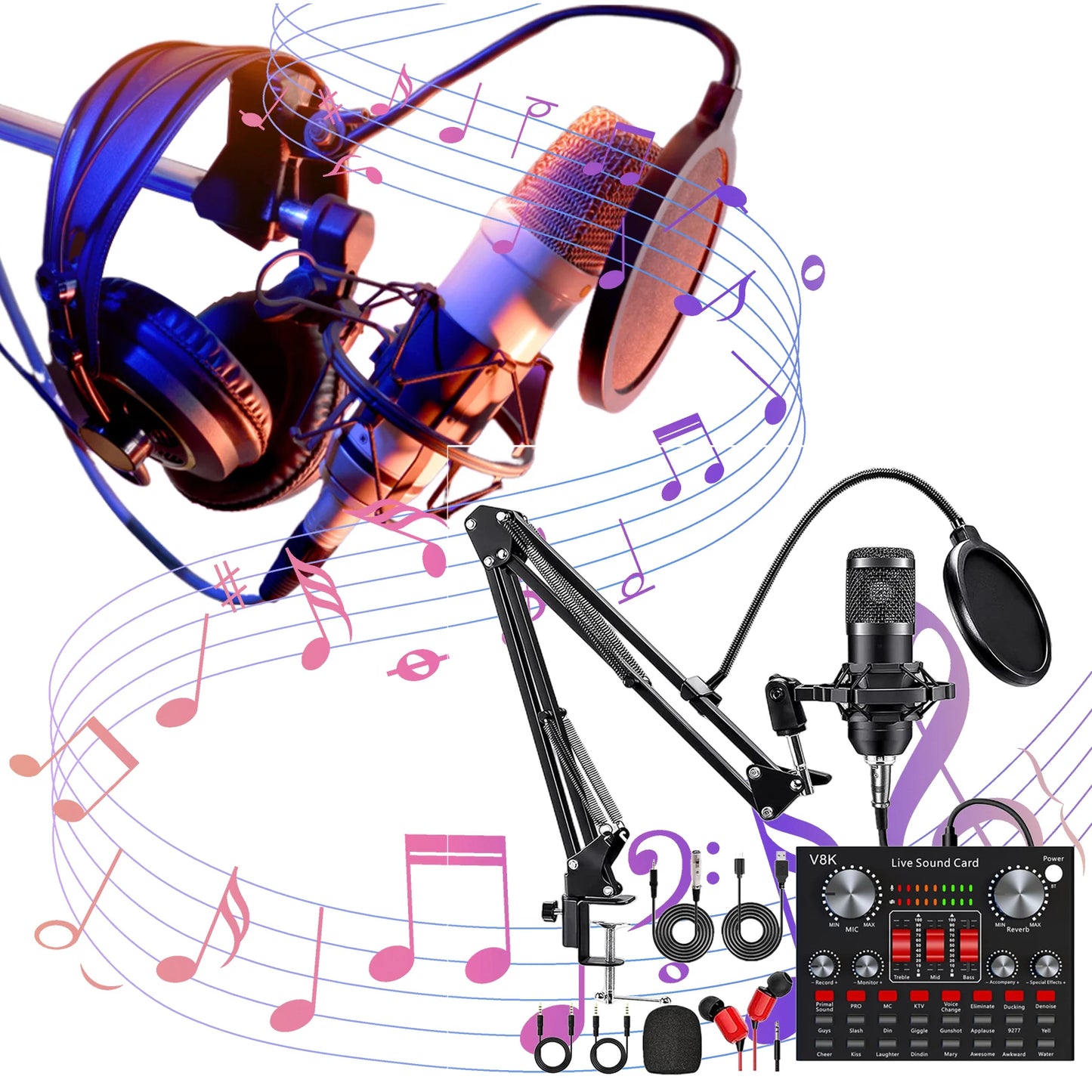 All-in-One Podcast Equipment Bundle Audio Mixer V8K Live Sound Card with BM800 Microphone for Podcasting Gaming Music Recording