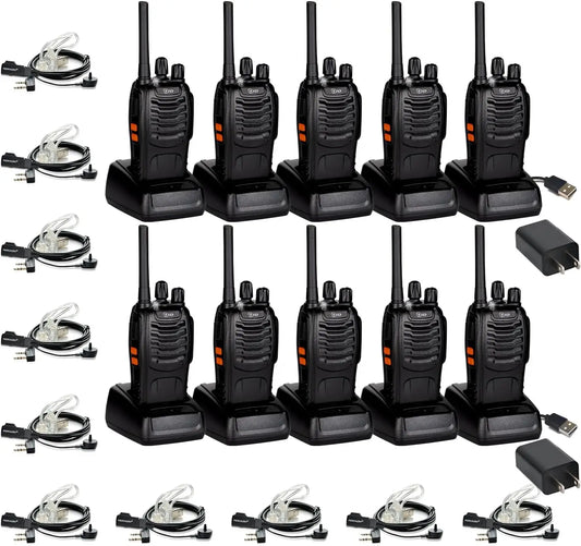 Long Range Rechargeable Walkie Talkies for Adults, 16CH VOX Flashlight Two Way Radios with Earpiece, 10 Pack Black