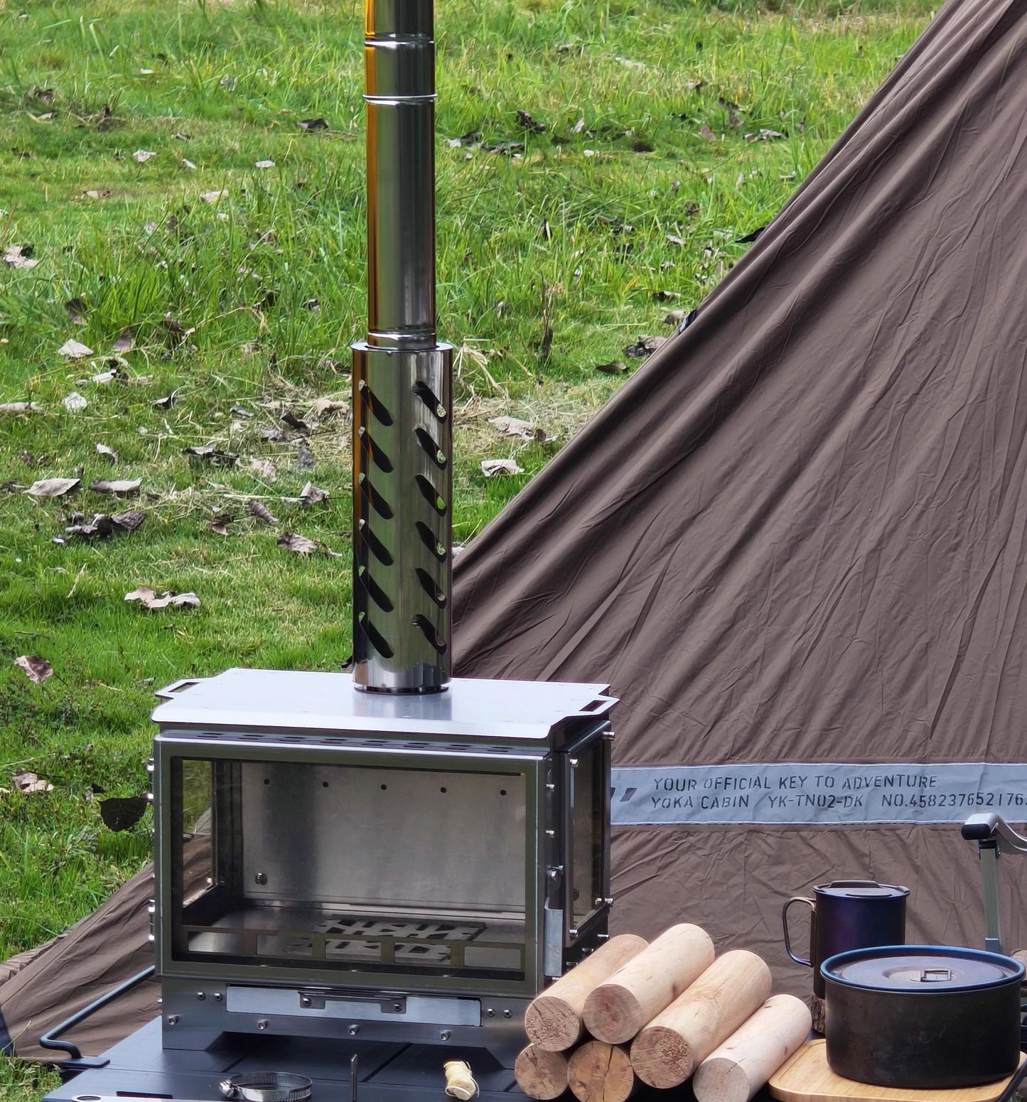Outdoor Wood Stove Tent Heater Stainless Steel 3 Glass Fire Observation Fireplace Brazier Portable with Chimney Camping Furance