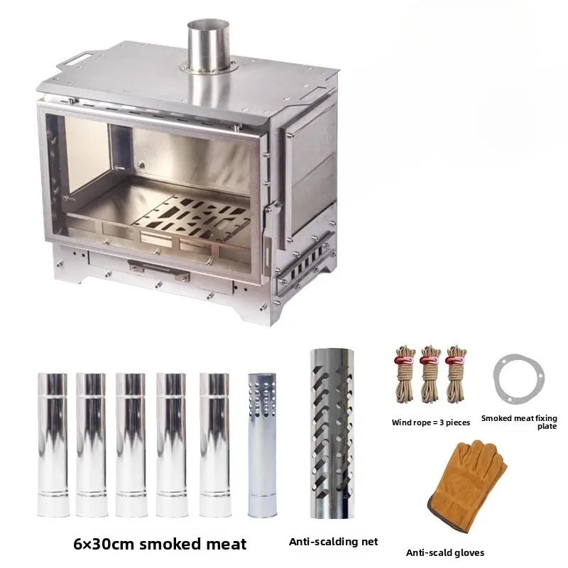 Outdoor Wood Stove Tent Heater Stainless Steel 3 Glass Fire Observation Fireplace Brazier Portable with Chimney Camping Furance