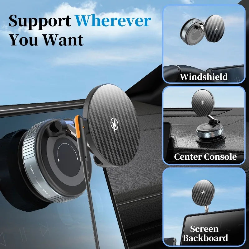 PlusAcc Vacuum Magnetic Car Phone Holder with Wireless Charger 360° Adjustable Suction Cup Mount for iPhone 17/16/15/14 Pro Max