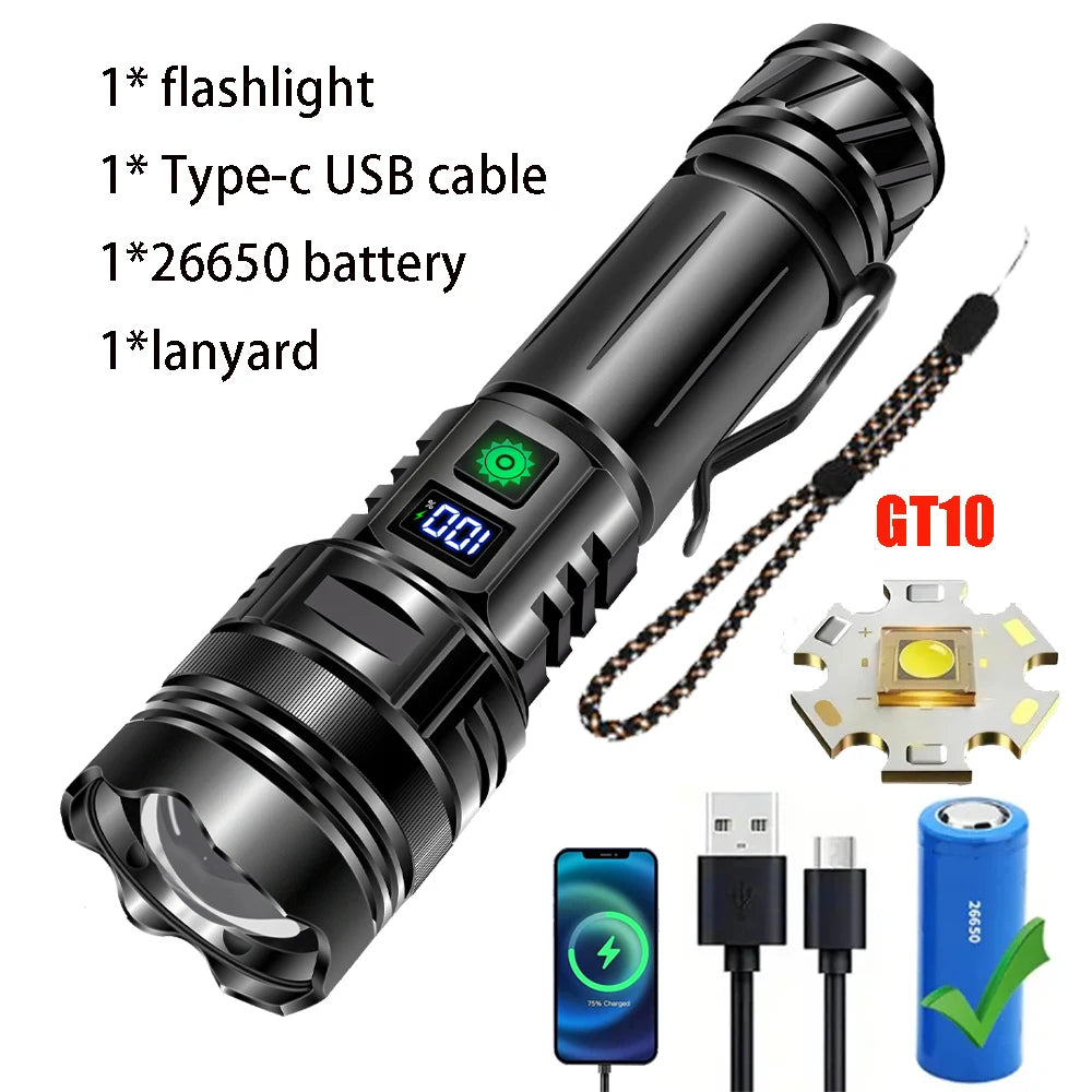 Most Powerful LED Flashlight Rechargeable Zoomable Camping Torch High Power Long Range Tactical Lantern Outdoor Emergency Lamp