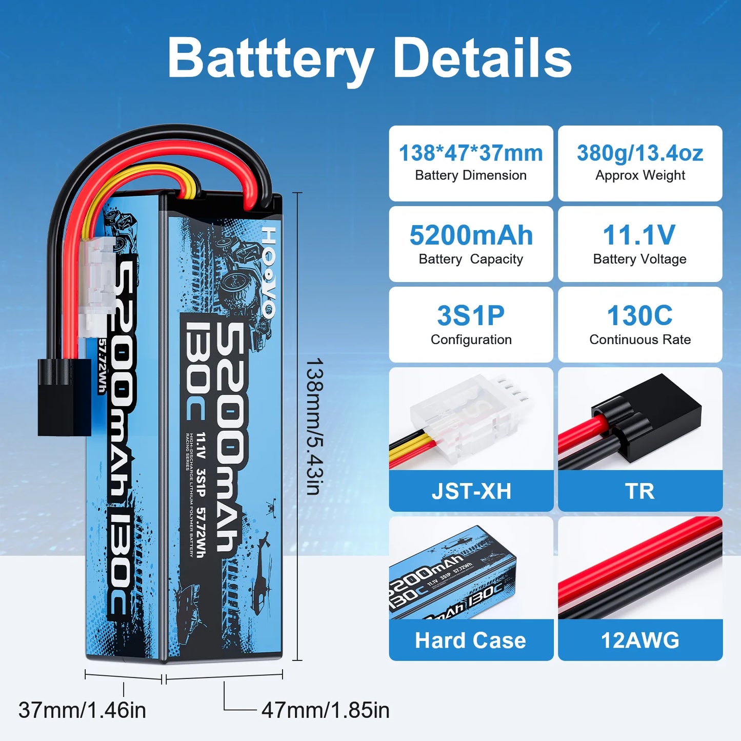 2Pcs HOOVO 3S Lipo Battery 11.1V 5200mAh 130C RC Lipo Battery Hardcase TR Plug for RC Cars Drones,Airplane,FPV, RC Plane, Racing