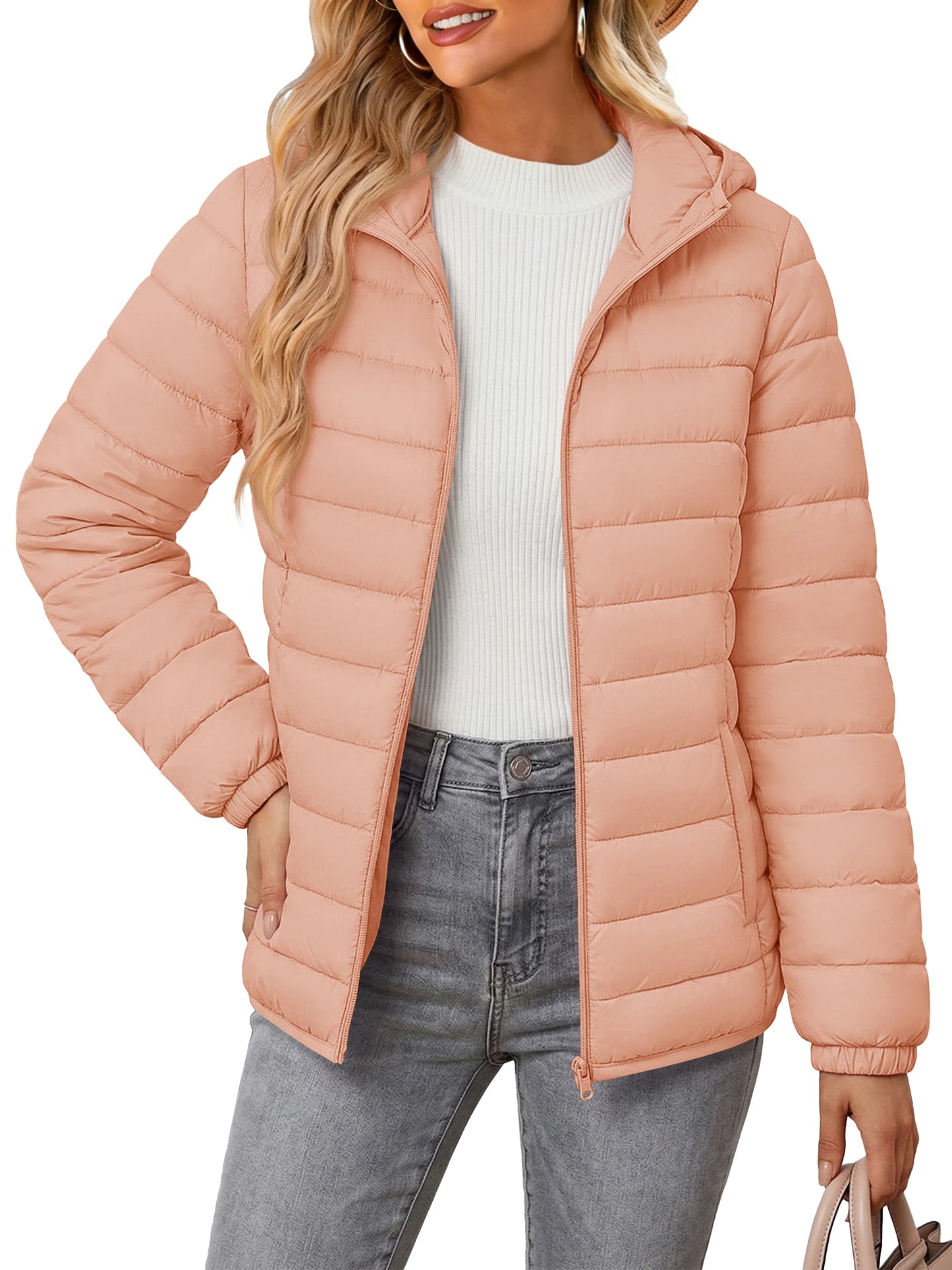 TACVASEN Warm Puffer Jackets Hooded Womens Full Zip Multi-pockets Quilted Jacket Winter Waterproof Camping Down Coat Lightweight