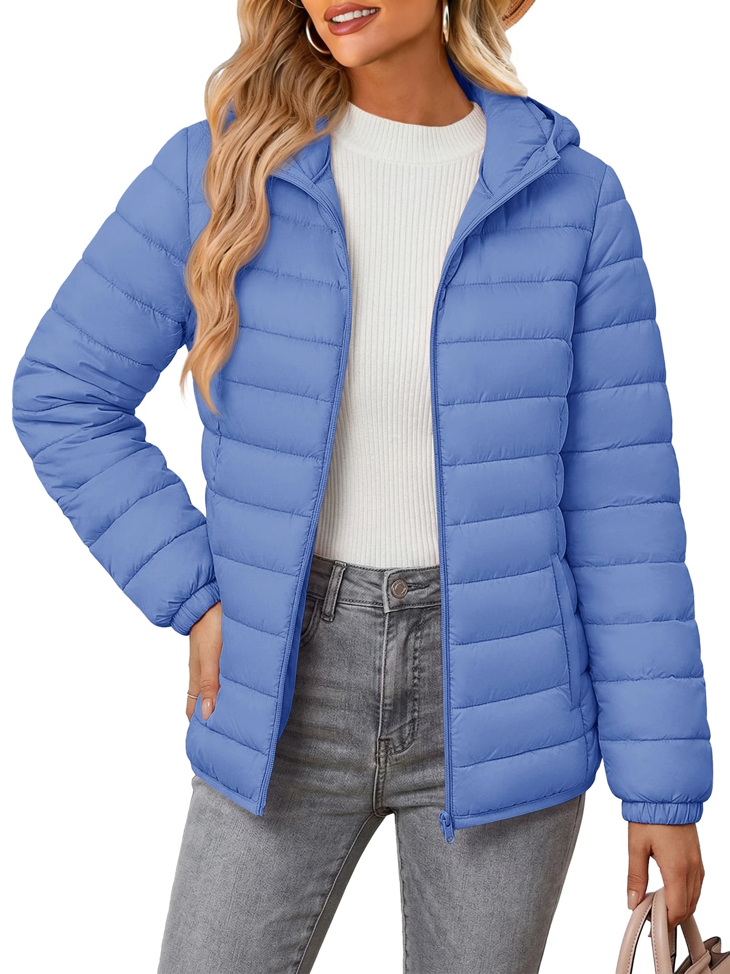 TACVASEN Warm Puffer Jackets Hooded Womens Full Zip Multi-pockets Quilted Jacket Winter Waterproof Camping Down Coat Lightweight