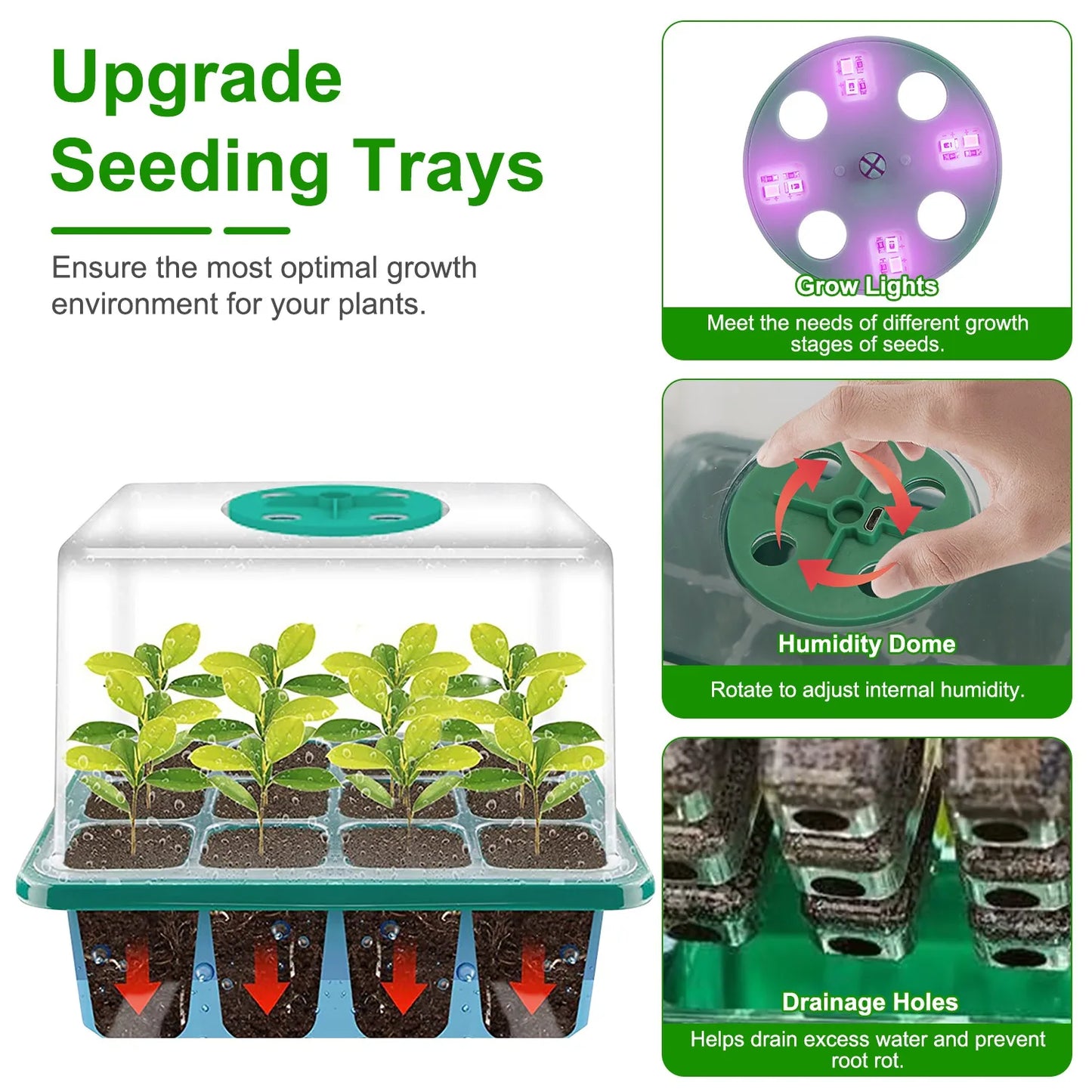 [US Stock] 5 Pack Seed Starter Trays with Grow Light 60 Cells Seedling Starter Kit Full Spectrum Indoor Plant Greenhouse with Ti