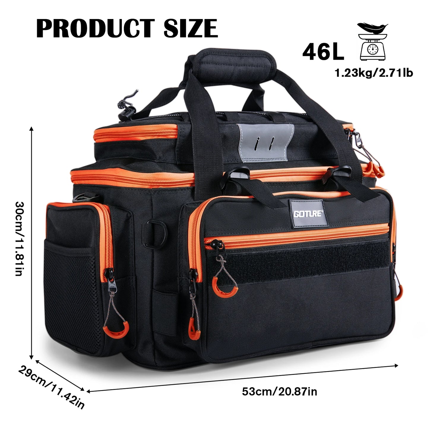 Goture 46L Outdoor Fishing Gear Bag, 600D Oxford Fabric Waterproof Large Capacity Multifunctional Pocket Fishing Tackle Pack