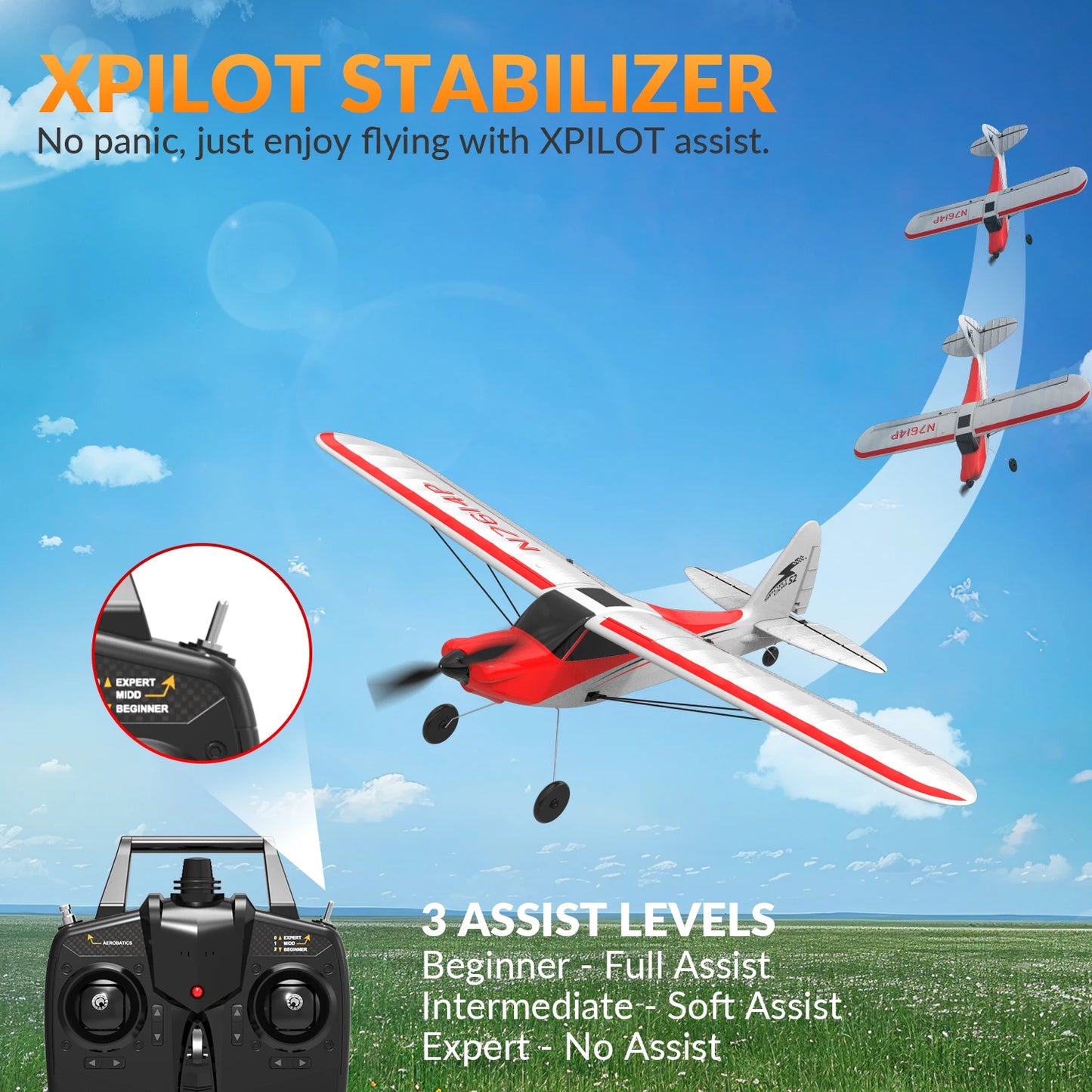 VOLANTEXRC RC plane Sport Cub 500 2.4Ghz 4CH 500mm Wingspan With Xpilot Stabilization System One Key Aerobatic 761-4 RTF