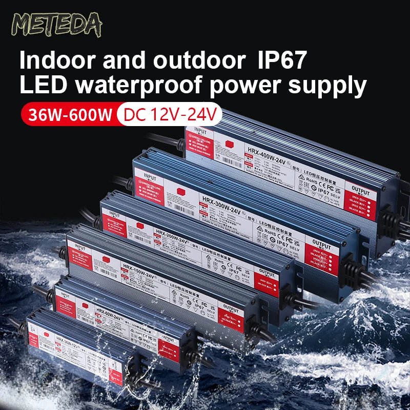 IP67 waterproof power supply DC 12V 24V LED outdoor lighting transformer LED driver 60W 100W 200W 300W 400W 500W 600W