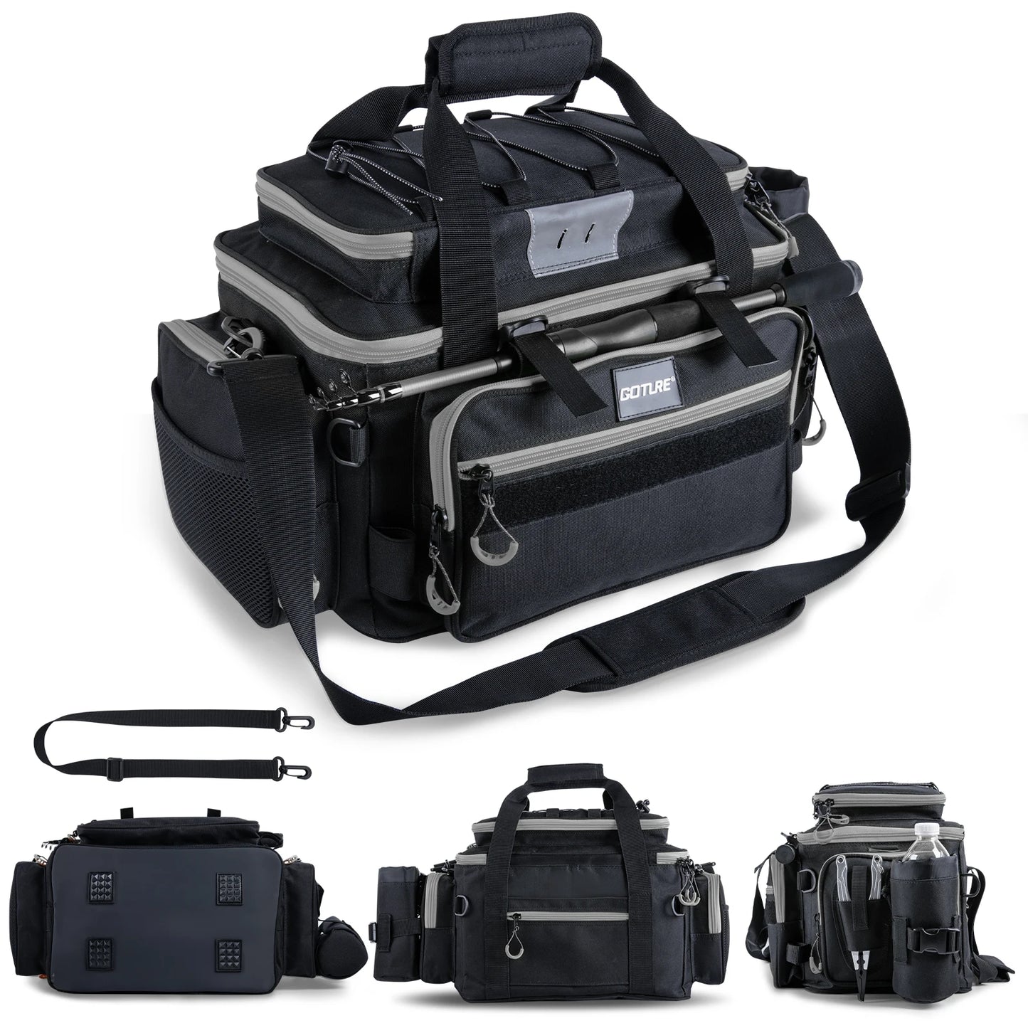 Goture 46L Outdoor Fishing Gear Bag, 600D Oxford Fabric Waterproof Large Capacity Multifunctional Pocket Fishing Tackle Pack