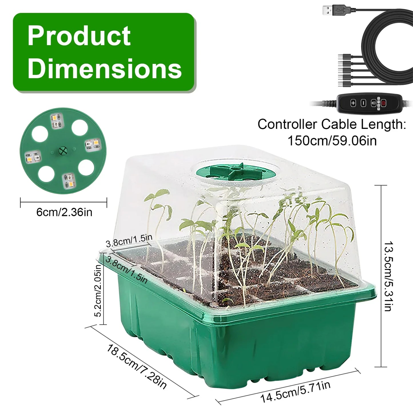 [US Stock] 5 Pack Seed Starter Trays with Grow Light 60 Cells Seedling Starter Kit Full Spectrum Indoor Plant Greenhouse with Ti