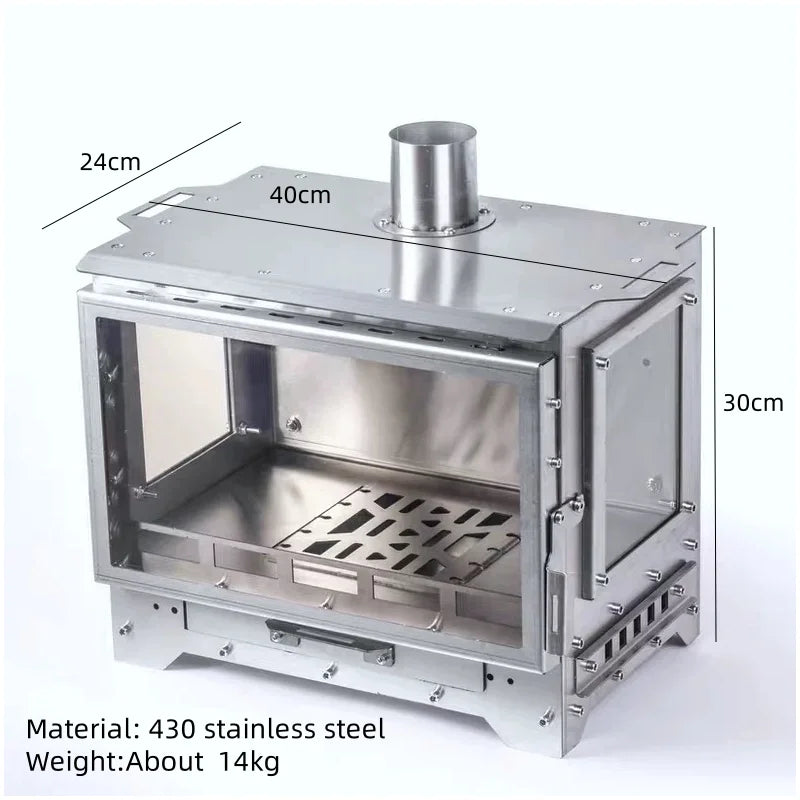 Outdoor Wood Stove Tent Heater Stainless Steel 3 Glass Fire Observation Fireplace Brazier Portable with Chimney Camping Furance