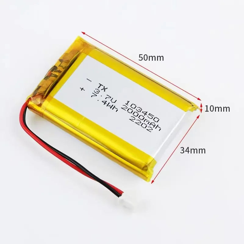 2000mAh 103450 Lithium Polymer Battery 3.7V with JST PH 2.0 Connector – Rechargeable Battery for RC Toys, Electronics