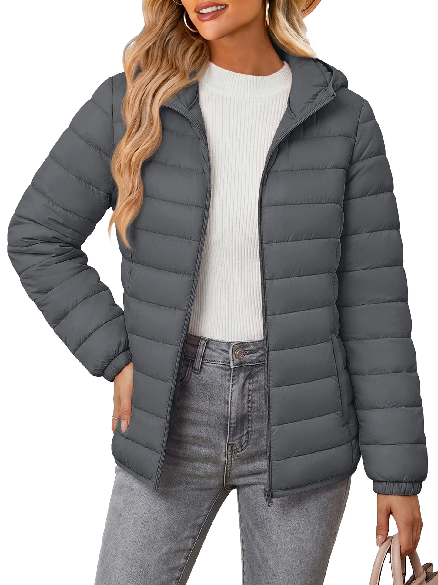 TACVASEN Warm Puffer Jackets Hooded Womens Full Zip Multi-pockets Quilted Jacket Winter Waterproof Camping Down Coat Lightweight
