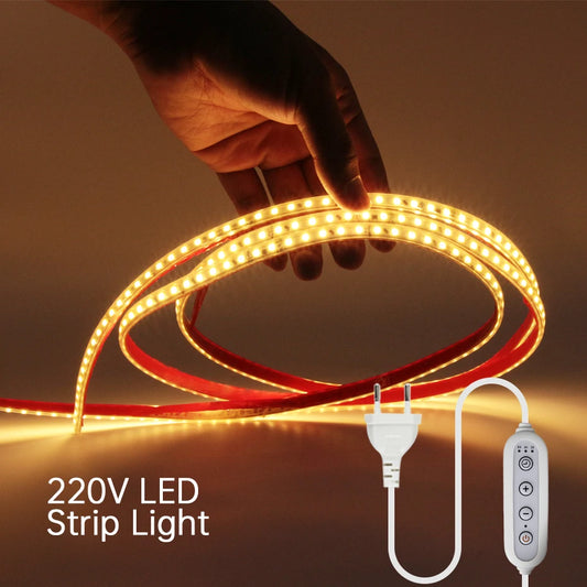 220V Led Strip 2835SMD Adhesive Tape With Dimmer Timing Switch EU/UK Plug 120LEDs/M IP67 Waterproof Indoor Outdoor Lighting