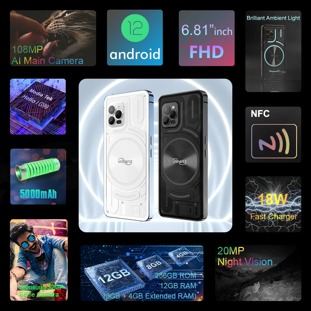 Unihertz Luna Smartphone Rhythm Ambient LED strip Music Phone 8GB RAM 256GB ROM 108MP G99 Mobile Phone Night Vision Cellphone
