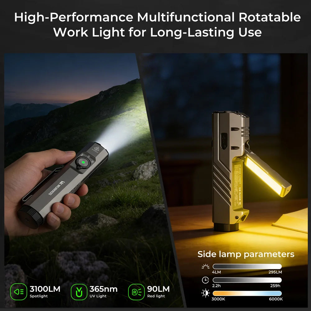 Wurkkos HD05 Powerfull LED Flashlight 3100LM IPX6 with UV Light Red Light Side Light 5000mAh Battery Magnetic Switch for Camping