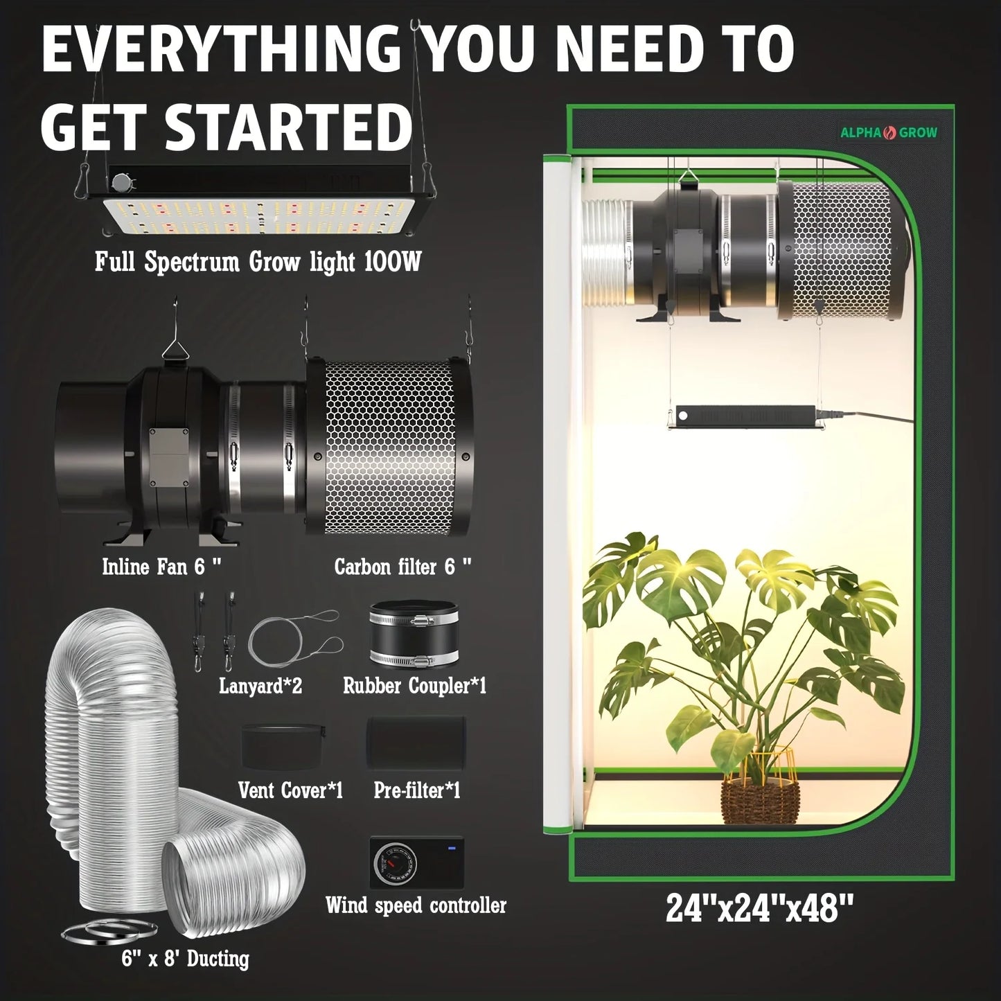ALPHAGROW Elite 2x2 Grow Suite: AG1000 LED, 6" 2-in-1 Ventilation, Grow Tent Package | 100W Dimmable Full Spectrum, Australian C