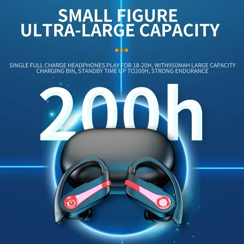 YYK Q63 Bluetooth 5.3 Wireless Earbuds with Mic IPX7 Waterproof 200H Earphones with Hooks for Sports Running Workout Gym