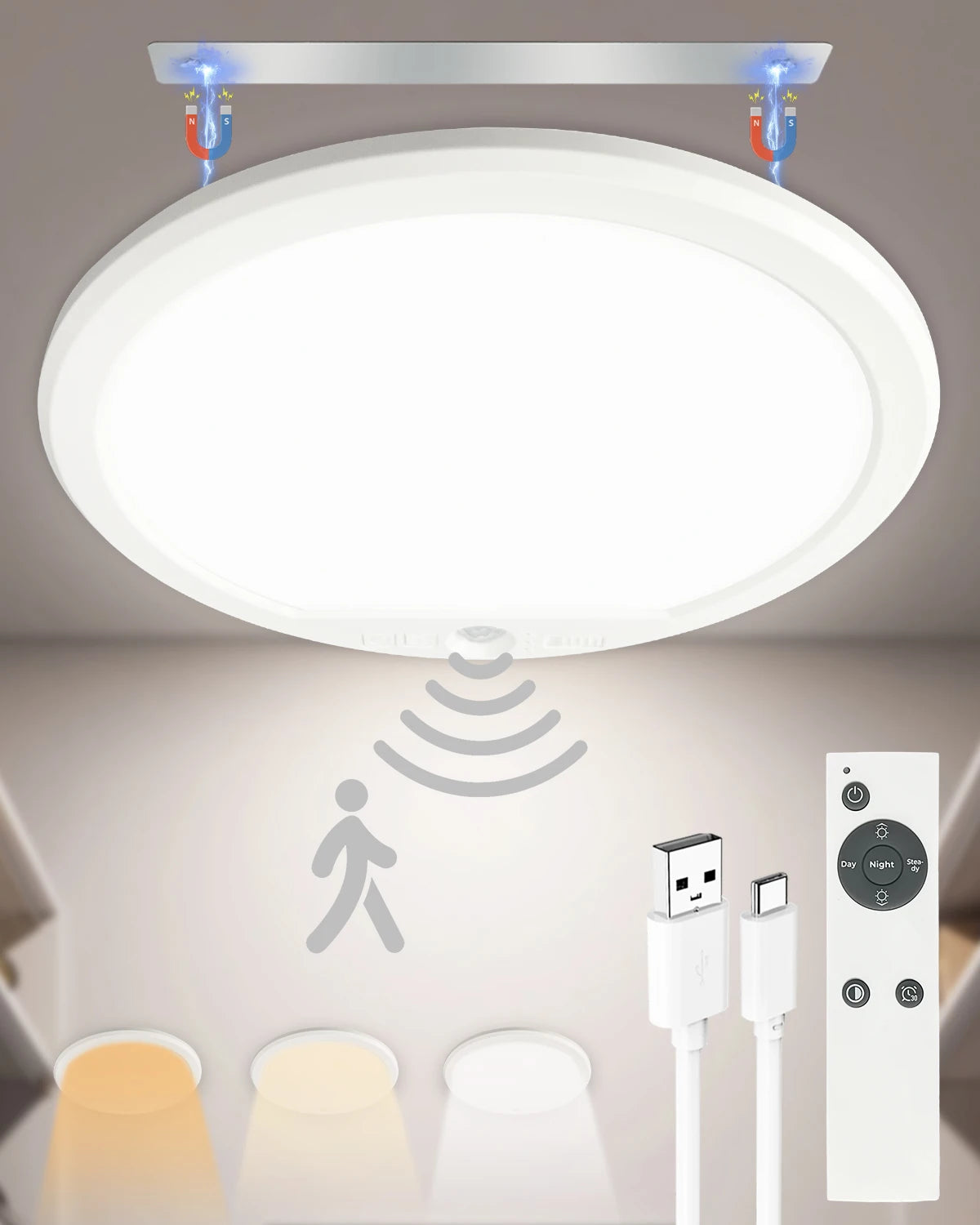 Ceiling Light Mount Ultrathin Motion Sensor USB Rechargeable LED Indoor Living Room Bedroom Ceiling Lamp 3Colors Dimmable