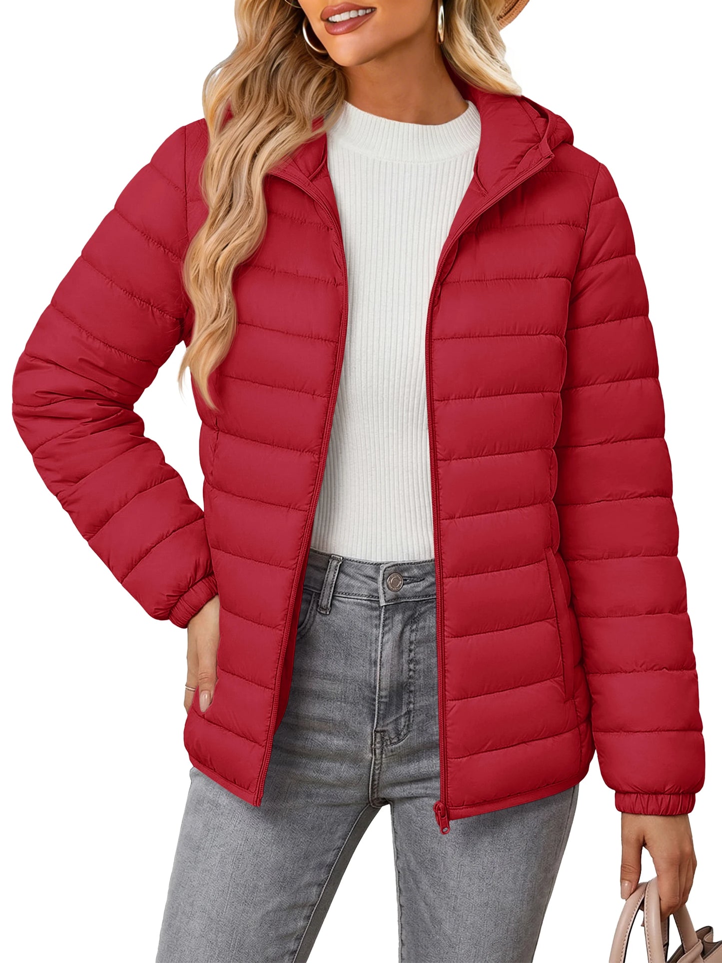 TACVASEN Warm Puffer Jackets Hooded Womens Full Zip Multi-pockets Quilted Jacket Winter Waterproof Camping Down Coat Lightweight
