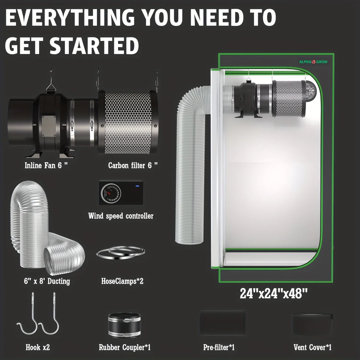 ALPHAGROW Elite 2x2 Grow Suite: AG1000 LED, 6" 2-in-1 Ventilation, Grow Tent Package | 100W Dimmable Full Spectrum, Australian C