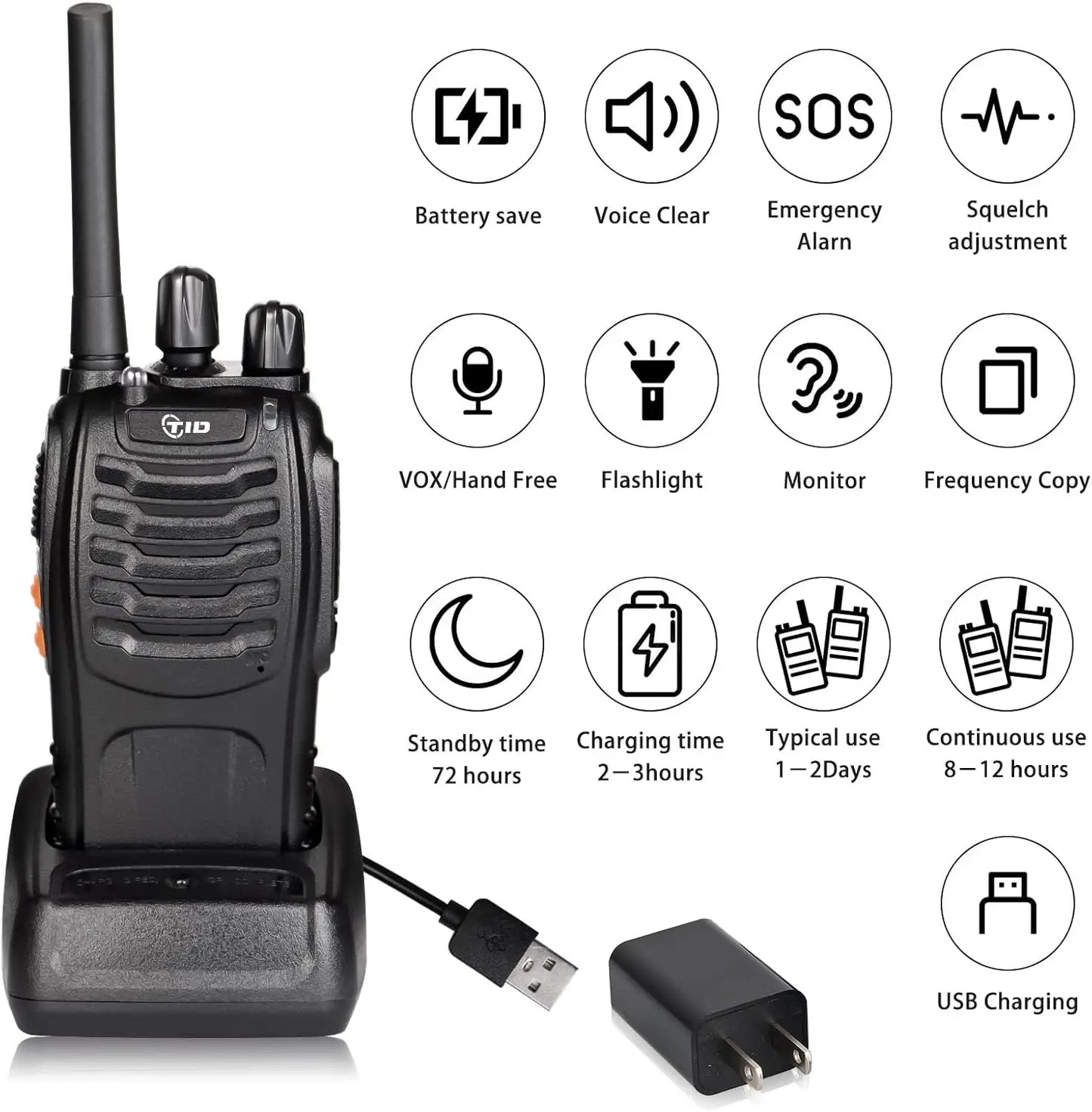 Long Range Rechargeable Walkie Talkies for Adults, 16CH VOX Flashlight Two Way Radios with Earpiece, 10 Pack Black