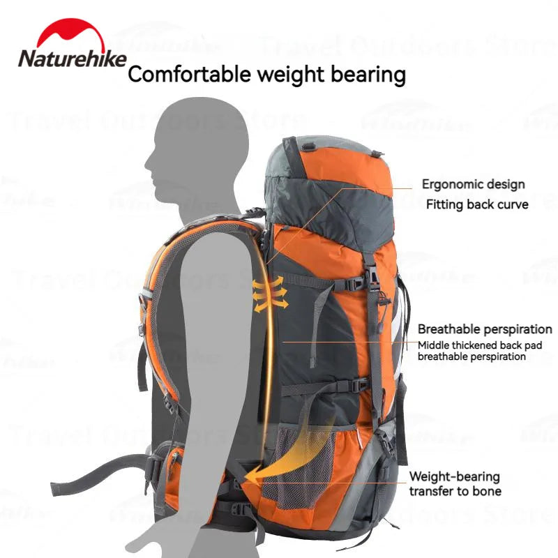 Naturehike Backpack Professional Outdoor Hiking Travel Bag Big Capacity 70L Mountaineering Camping Support System Bag Waterproof
