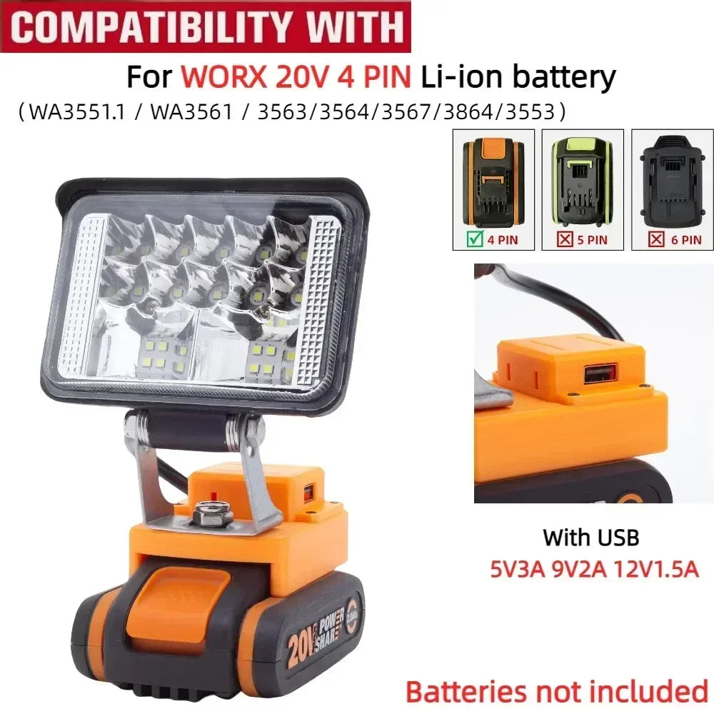 Portable LED Work Light for WORX 20V 4 PIN（WA3551.1/ WA3561 / 3563/3564/3567/3864/3553）Battery with USB Charge Camping Lantern