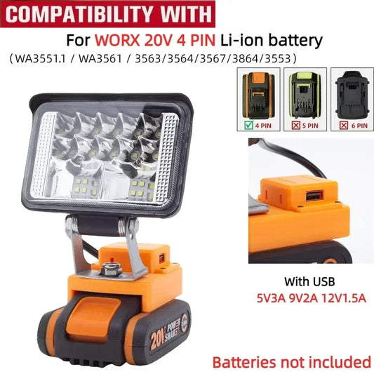 Portable LED Work Light for WORX 20V 4 PIN（WA3551.1/ WA3561 / 3563/3564/3567/3864/3553）Battery with USB Charge Camping Lantern