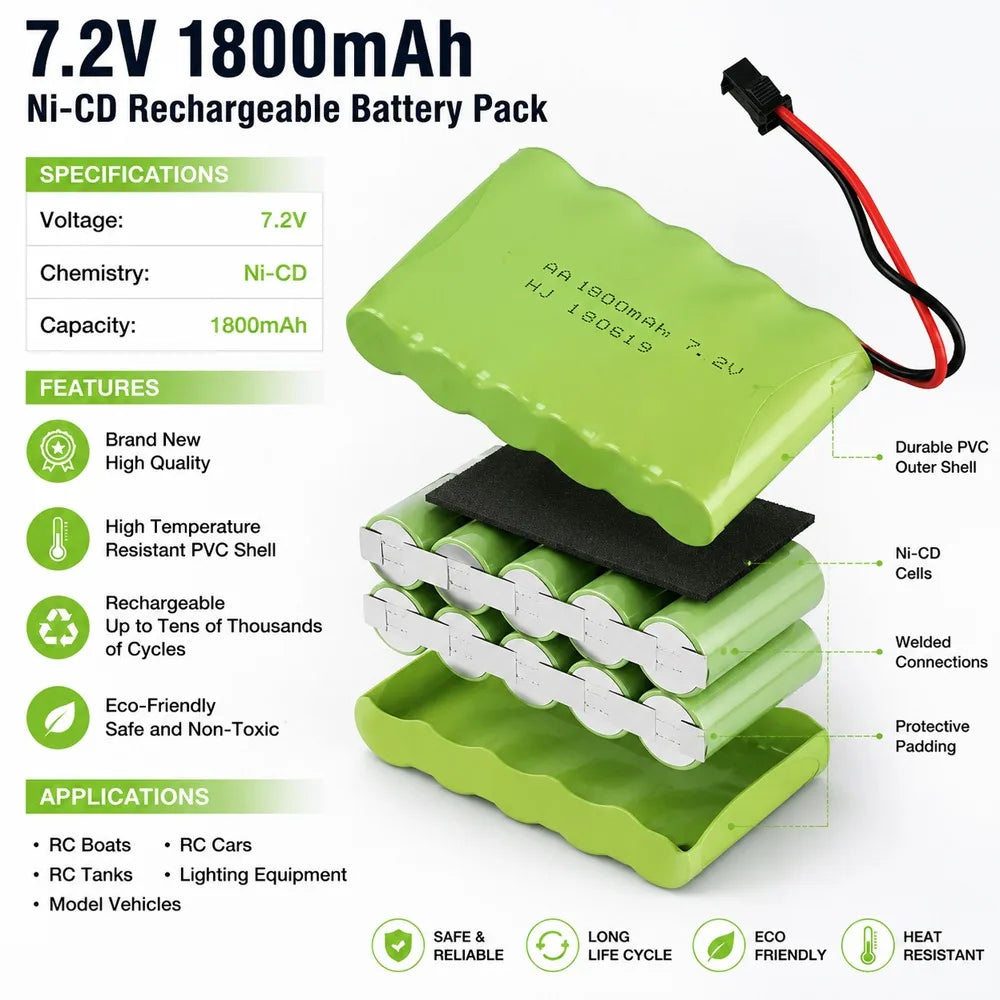AA Rechargeable Nickel-cadmium Battery 7.2V 1800mAh Suitable for Remote Control Devices Such As Toy Cars Boats and Robots.