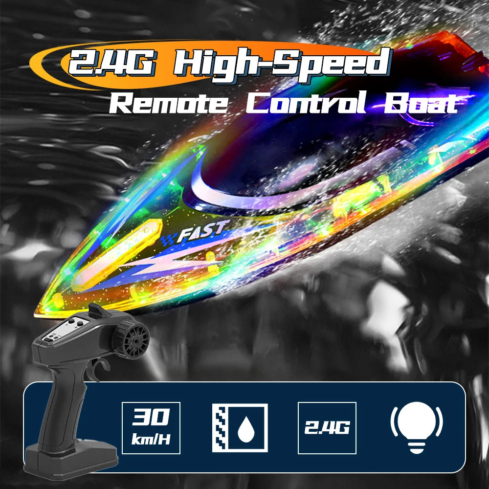 2.4G High-Speed Remote Control Boat Waterproof Colorful Lights 30Km/h Large Speedboat Outdoor Water Game Children Boat Toys Gift