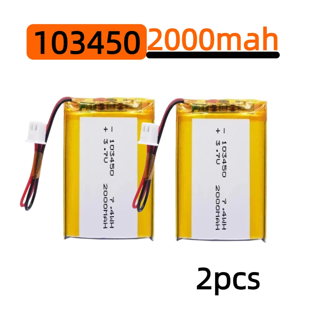 2000mAh 103450 Lithium Polymer Battery 3.7V with JST PH 2.0 Connector – Rechargeable Battery for RC Toys, Electronics