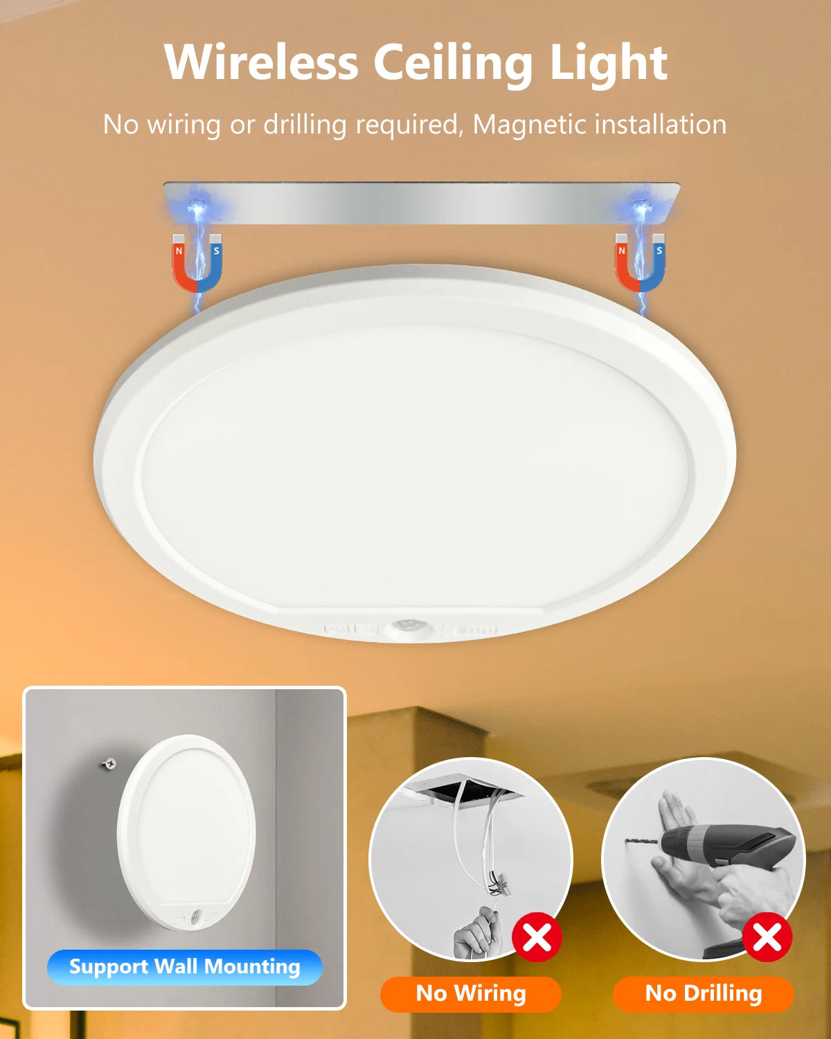 Ceiling Light Mount Ultrathin Motion Sensor USB Rechargeable LED Indoor Living Room Bedroom Ceiling Lamp 3Colors Dimmable