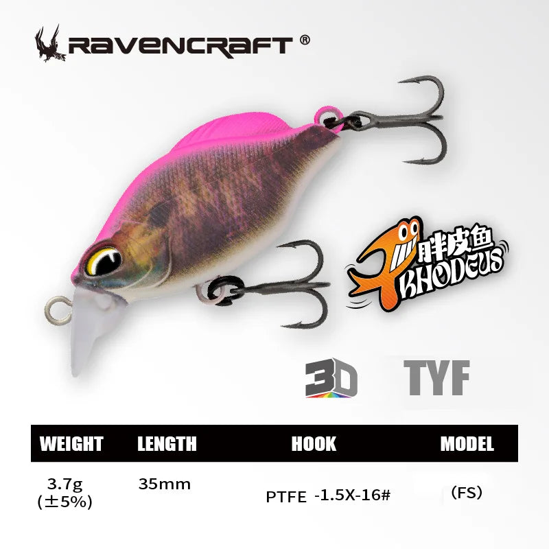 Ravencraft P-Rhodeus Swing & Sinking MINNOW 35mm 3.7g Freshwater PTFE Hook 1pc/pack Advanced Stream Fishing Gear