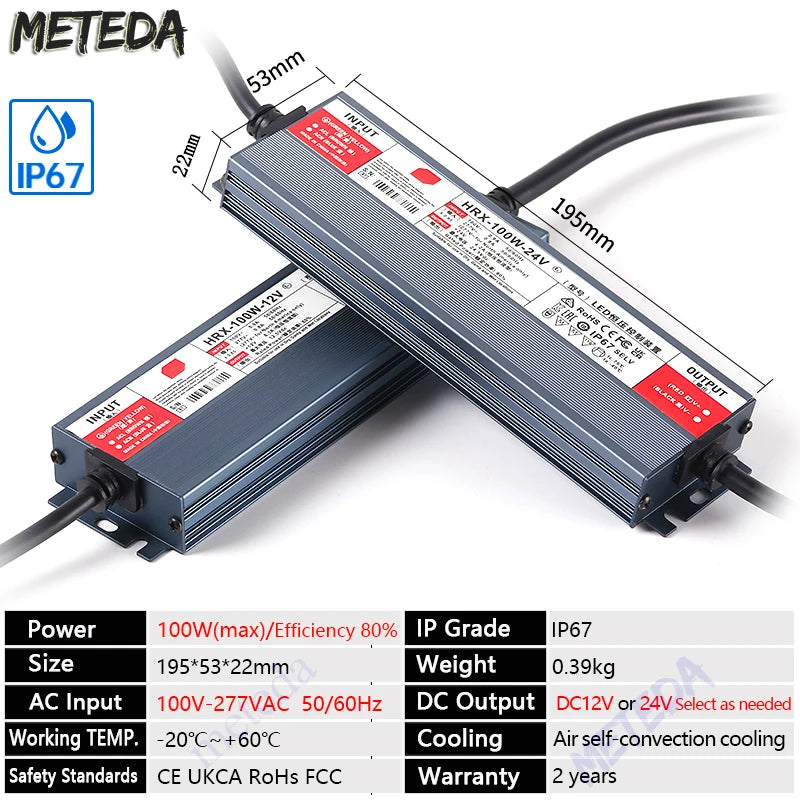 IP67 waterproof power supply DC 12V 24V LED outdoor lighting transformer LED driver 60W 100W 200W 300W 400W 500W 600W